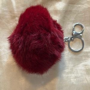 PURSE CHARM IN RABBIT FUR, RED, BIG POM-POM SHAPE, WITH SILVER TONE RING AND